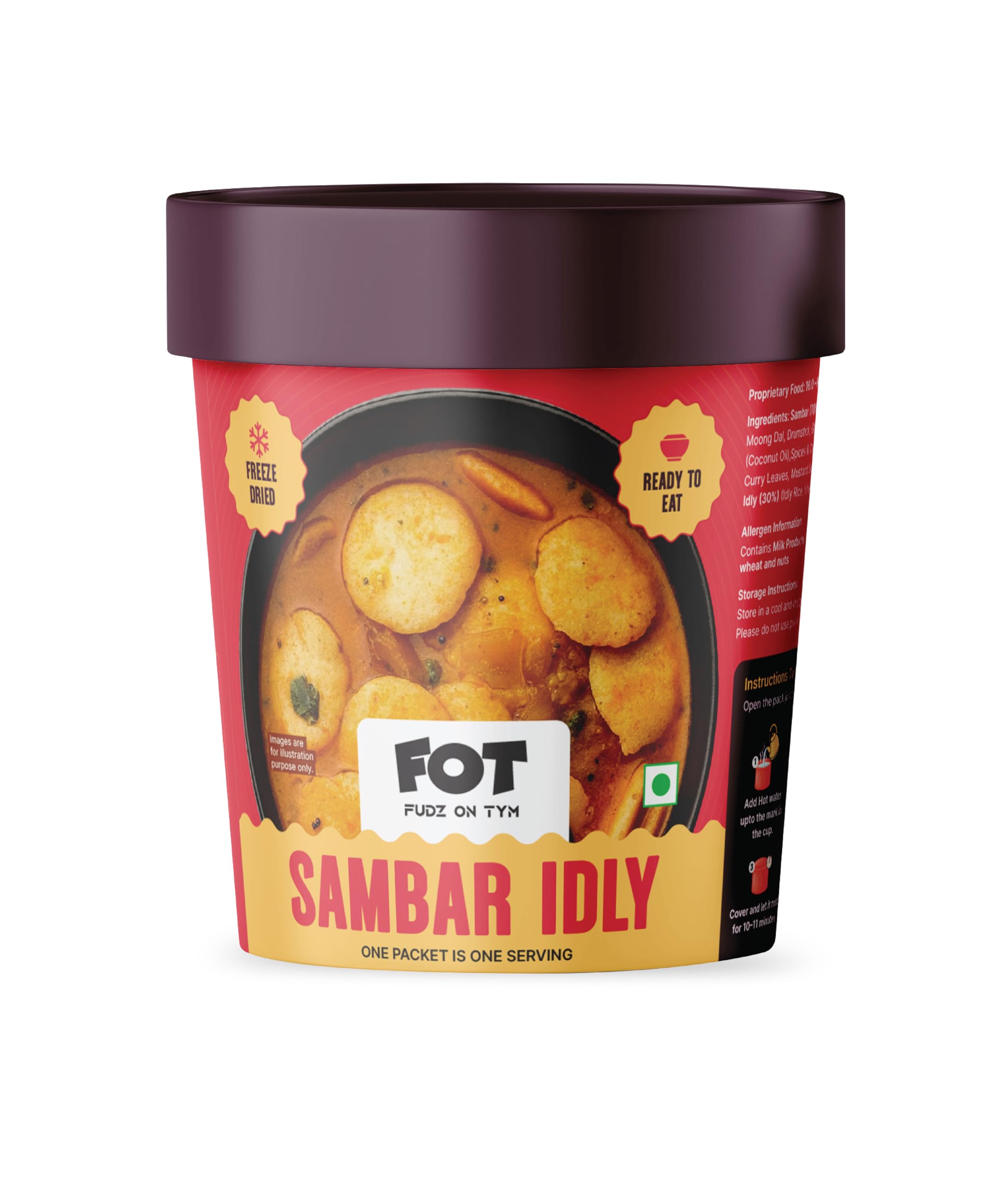 Ready To Eat Sambar Idli - FOT FUDZ ON TYM, - 60 g makes 310 g | Freeze Dried | Authentic South Indian Breakfast | Just add hot water | Travel & Office Friendly | No Preservative | Quick Office Meal | Pure Veg | ₹ 195 | rehydrated weight