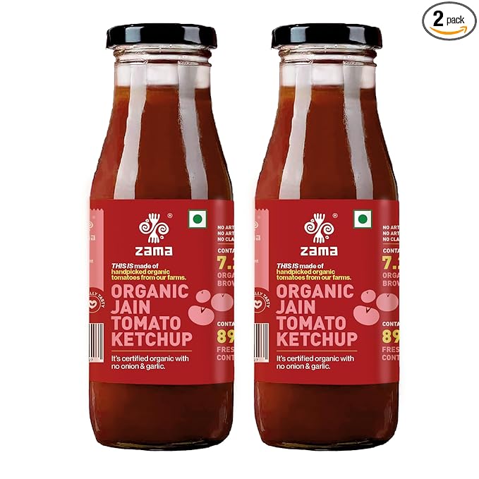 Zama Organic Jain Tomato Ketchup 300g Pack of 2 Glass Bottles | No Onion No Garlic Tomato Sauce | Made from Real Tomatoes, Tangy Rich Taste | No Preservatives, Traditionally Produced | For Snacks & Meals