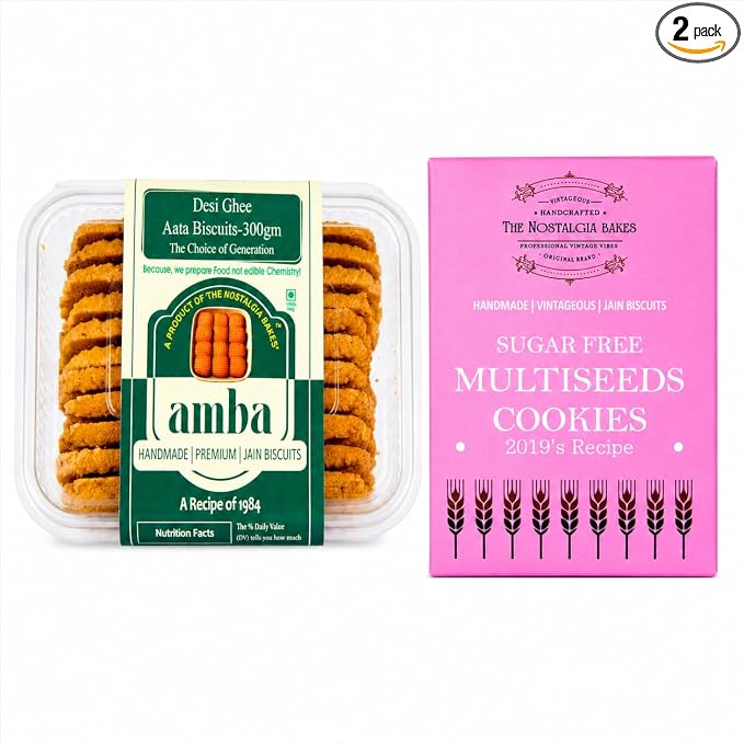 Amba Combo Pack | Desi Ghee Atta Biscuits & Sugar Free Multiseed Cookies | Handmade Premium Jain Biscuits | Crunchy Tea Time Cookies | Healthy Snack Combo Pack