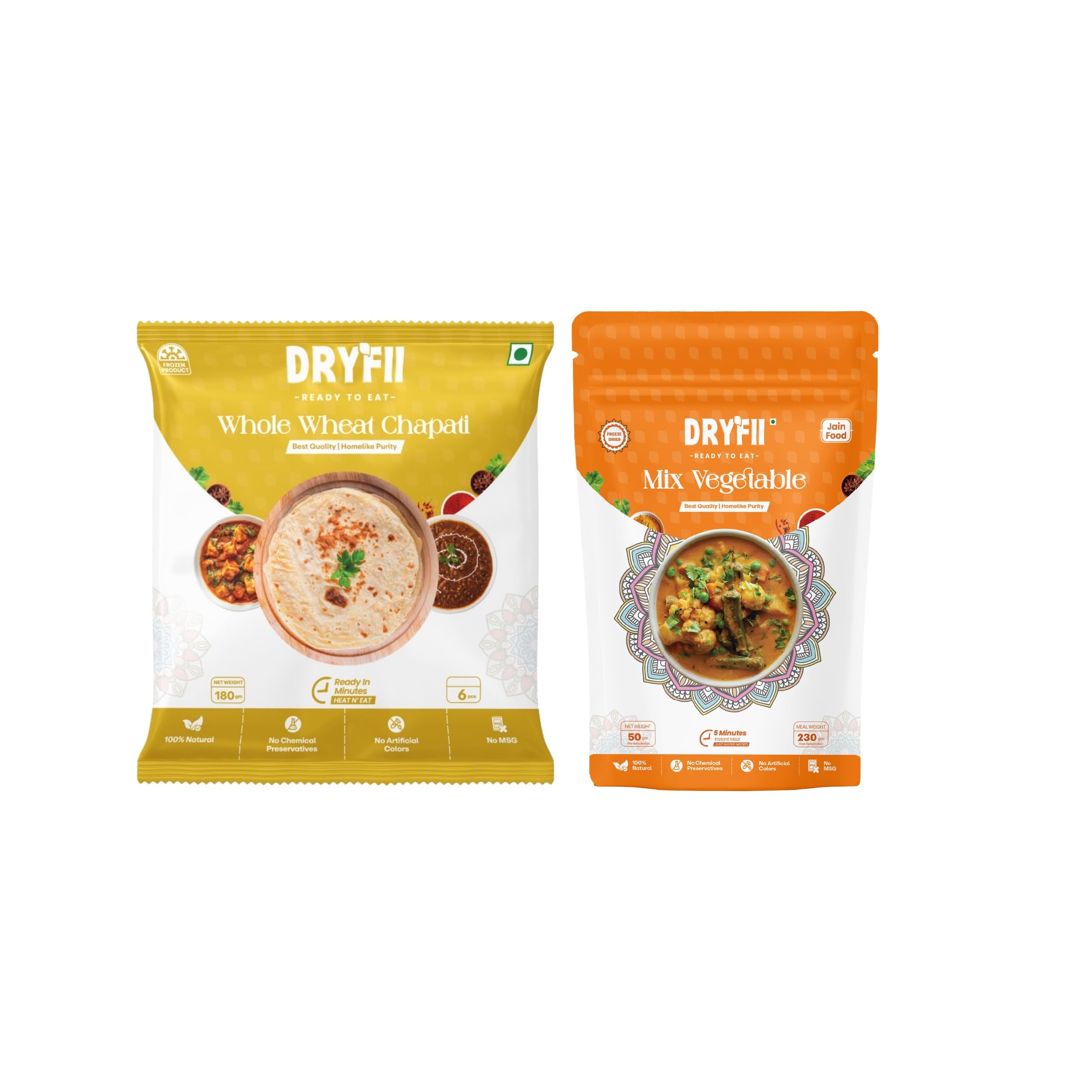 Dryfii Ready-to-Eat Chapati with Jain Mix Veg | 6 Chapati in 1 Pack | No Onion No Garlic Satvik Combo Meal | Clean & Healthy Vegetarian Food