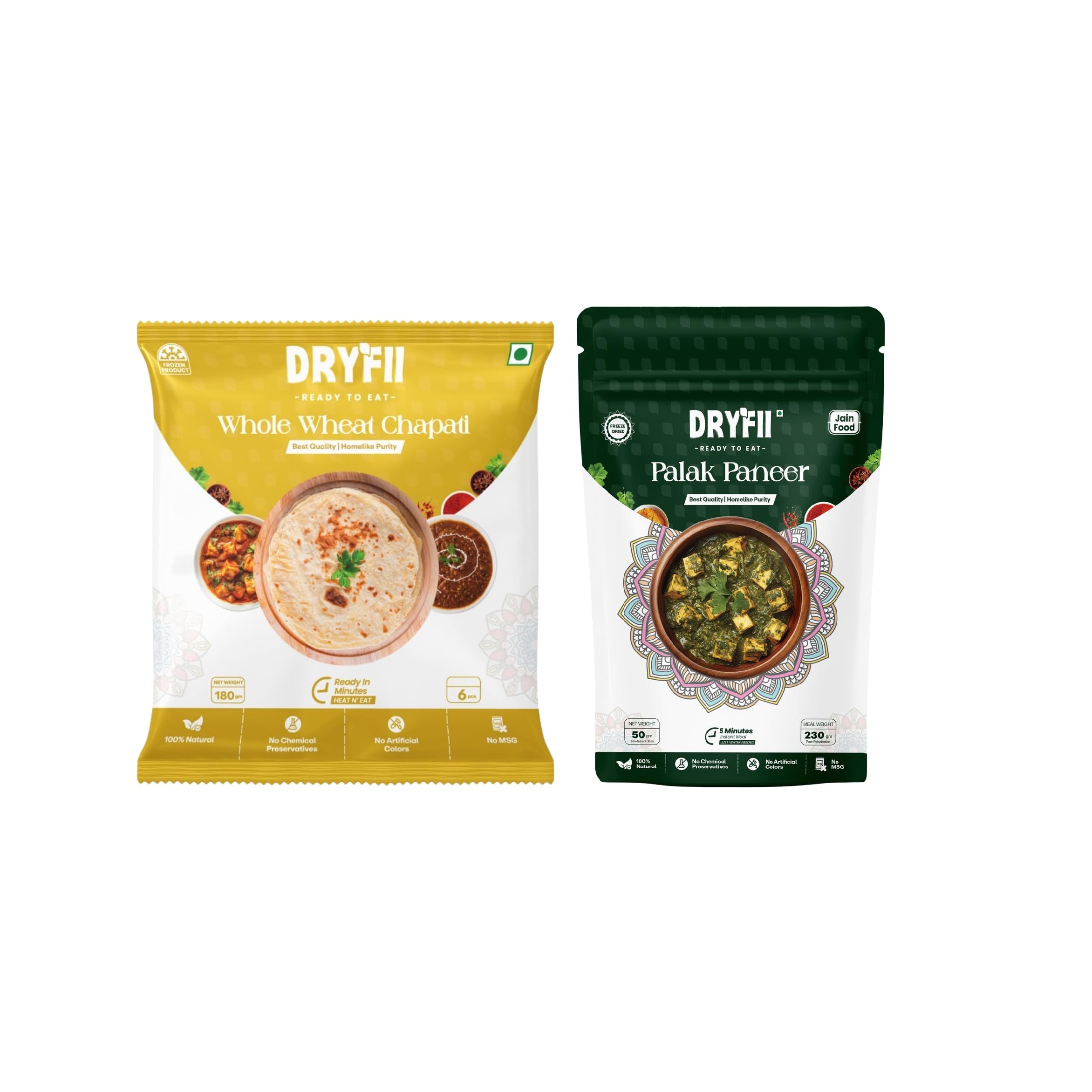 Dryfii Ready-to-Eat Chapati with Jain Palak Paneer | 6 Chapati in 1 Pack | No Onion No Garlic Satvik Combo Meal | Healthy, Clean & Fresh Indian Food