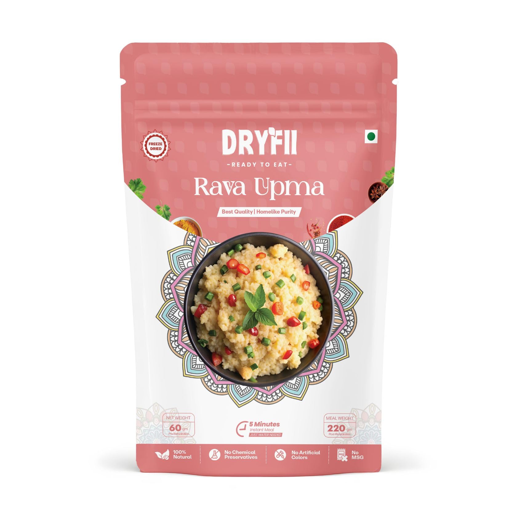 Dryfii Ready-to-Eat Instant Jain Upma | Pure Veg | Freeze Dried | No Onion, No Garlic | Rehydrated Weight 220g
