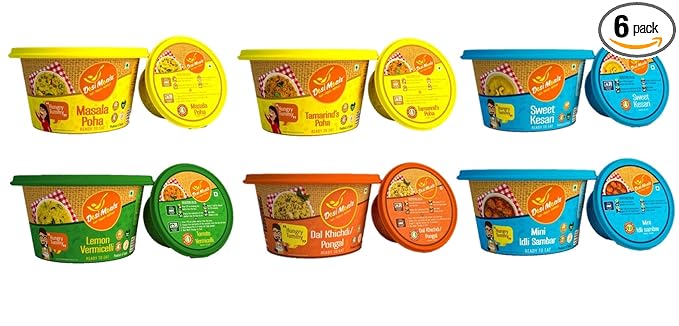 Ready to Eat Breakfast Food Jain Special -Tasty & Healthy Eat Food Products (Pack of 6, 100G Each)Masala Poha, Tamarind's Poha, Sweet Kesari, Lemon Vermicelli, Dal Khichdi (Pongal), Mini Idli Sambar