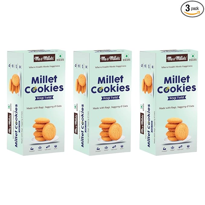 ME & MILLETS Cookies - Ragi Twist (Pack of 3, Each 75g) - Delicious Millets Biscuits, Rich In Protein & Fiber, Healthy Tea Snack (Jain Friendly)