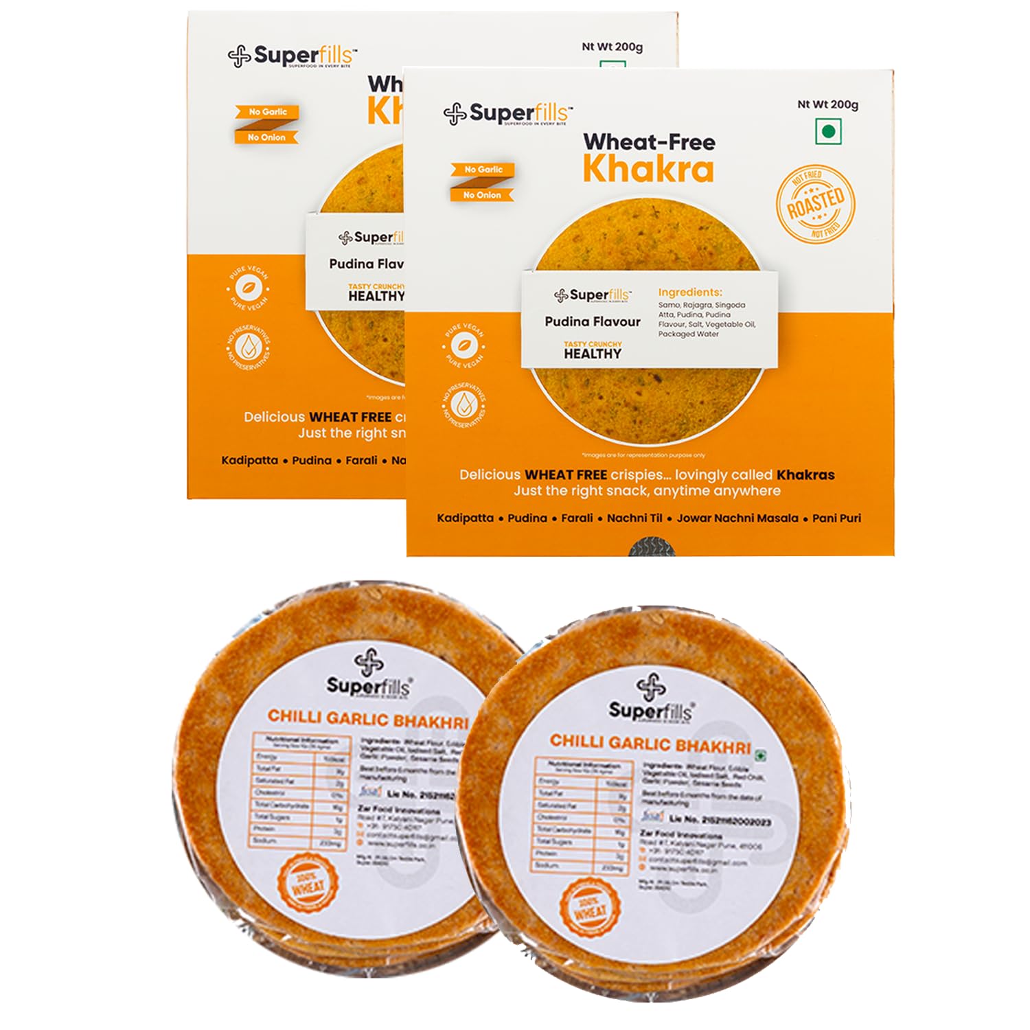 Superfills Combo Wheat-Free (Gluten Free) Pudina Khakhra | Chili Garlic Bhakhri Diet, Weight Loss, High Protein & Fiber - | Roasted Gujarati Snacks No Garlic & No Onion Chai Time (Pack of 2, 400g)