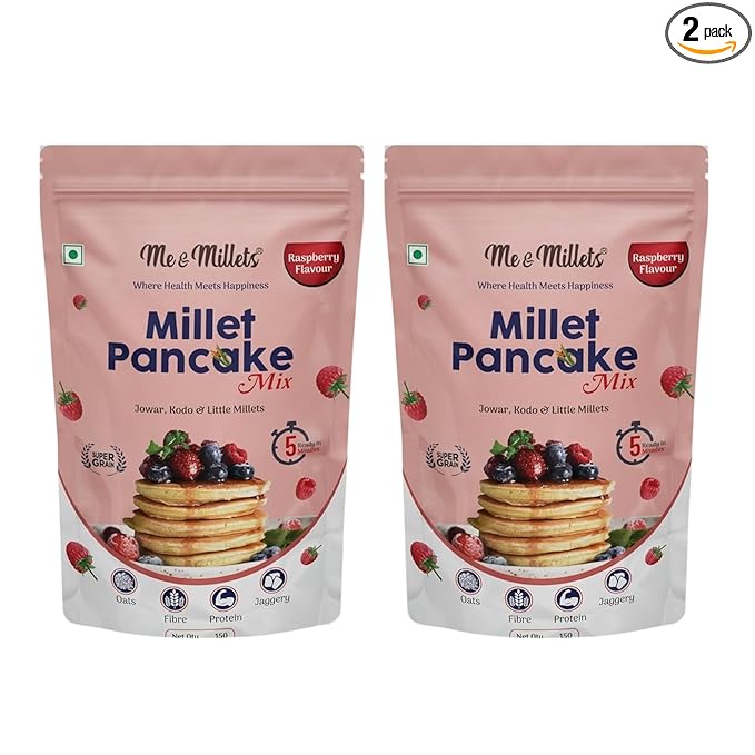 ME & MILLETS Raspberry Flavor Millet Pancake Mix (150g X 2) Sweetness Of Jaggery, No Maida, No Wheat, No Preservatives, Vegetarian, Eggless, Healthy Breakfast for Family (Jain Friendly)