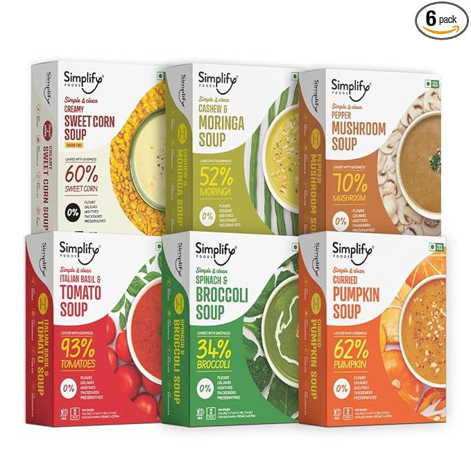 Simplify Foods Instant Soup | Soup-er 6 Pack | 6 Soups-12 Single-Serve Sachets (Each Makes ~125 ml) | Made with Real Ingredients | Just Add Hot Water | Office-Friendly | On-The-Go| Clean Label | 0% Additives or Preservatives