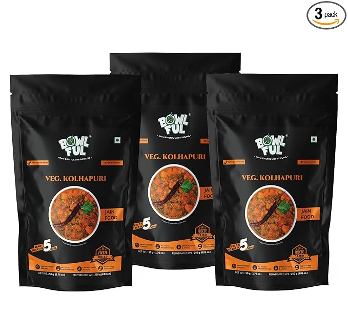 Bowlful Jain Veg Kolhapuri | No Onion No Garlic | Spicy Mixed Veg Curry Kolhapuri Style | Instant Meal | 50g Net Weight (250g After Rehydration) | Pack of 3 | No Added Preservatives & Colours | Microwaveable