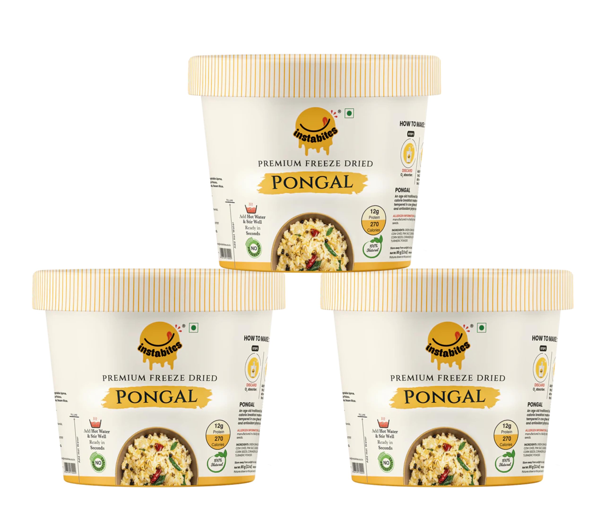 Instabites Ready to Eat Pongal 65g, No Added Preservatives and Ready to Eat in Minutes - Pack 3