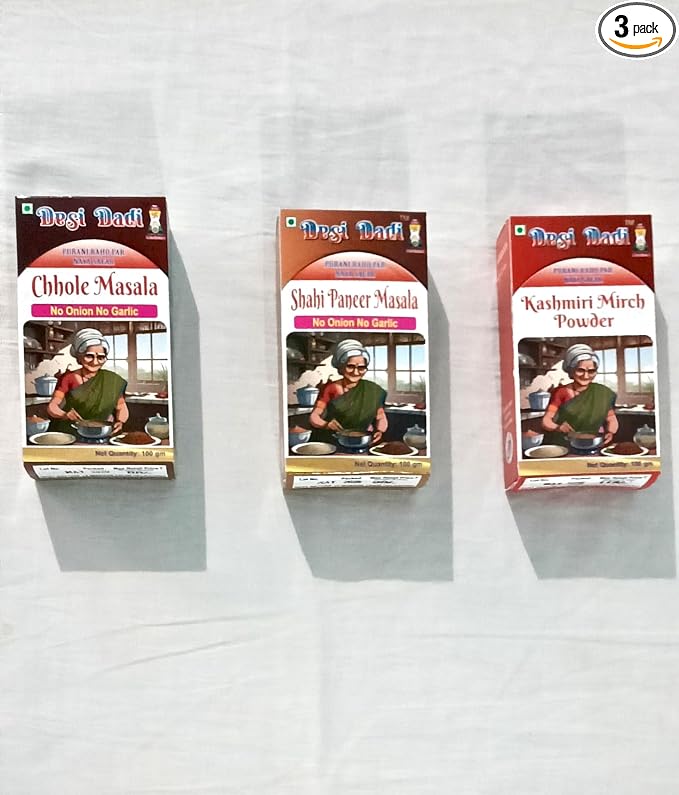 Desi Dadi Premium Indian Spice Combo Pack, Chhola Masala, Shahi Paneer Masala, Kashmiri Mirch Powder, No Onion No Garlic, 100g Each