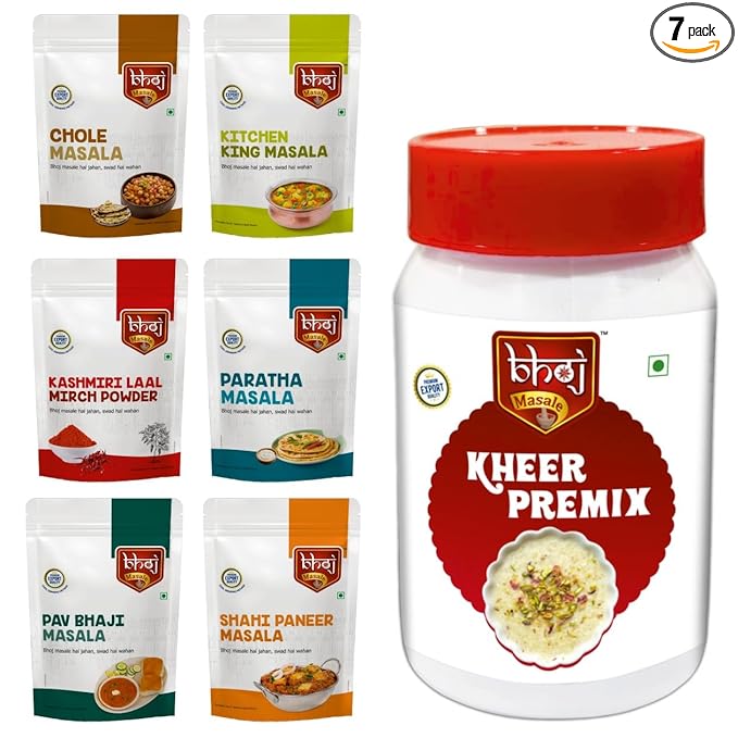 Bhoj Satvik Masala Festival 7 in 1 Combo | 1 Kheer Premix Jar + 6 Masalas Zip lock Pouches |200g Each: Kheer Premix, Shahi Paneer Masala, Kashmiri Laal Mirchi Powder, Kitchen King Masala, Paratha, Pav Bhaji, Chole Masale (All Jain Friendly)