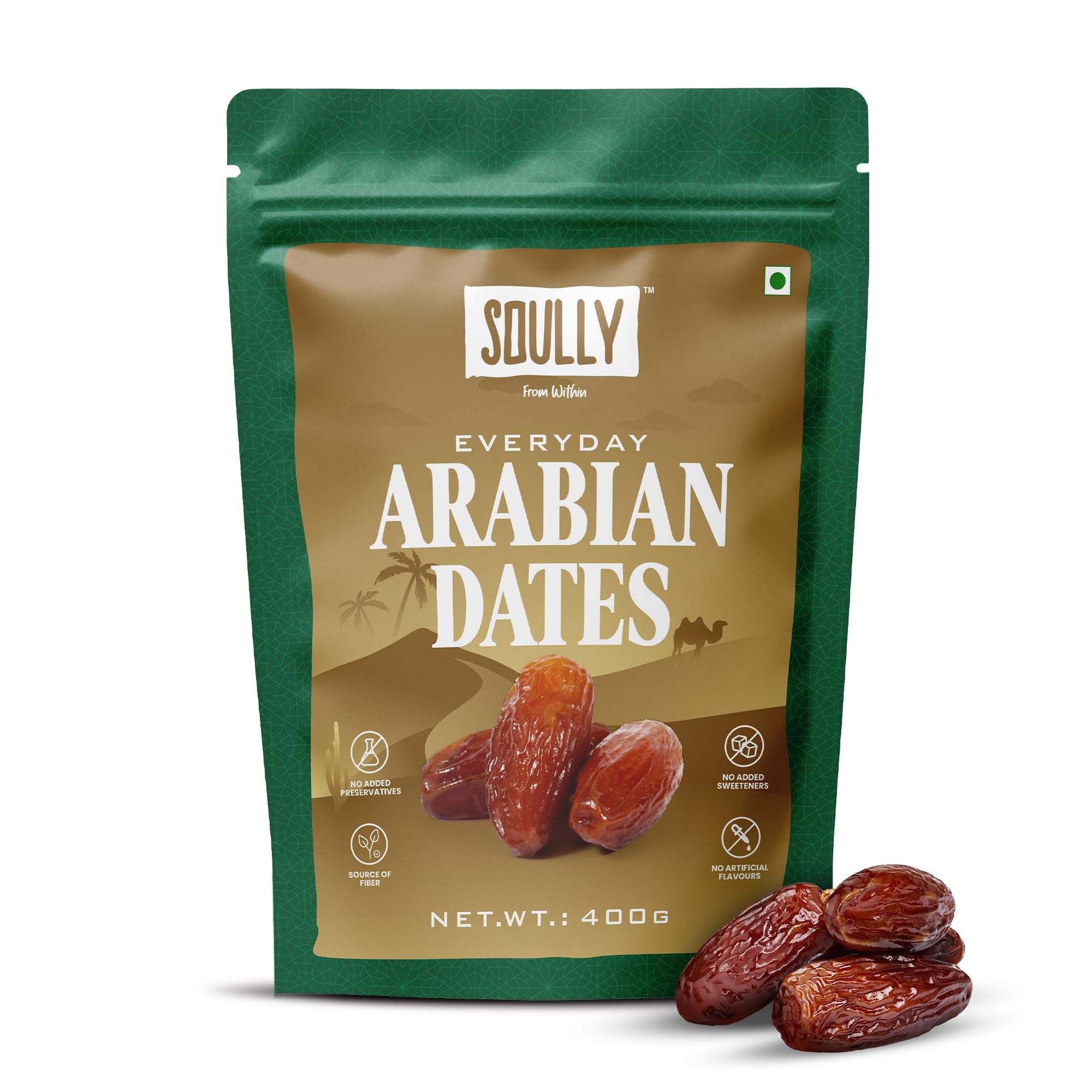 Soully Arabian Dates 400g | Premium Arabian Khajoor | High in Fibre Arabian Dates | No Added Sweeteners or Preservatives | Healthy Snacks khajur | Healthy Dates for Snacking & Recipes | Dry Fruits
