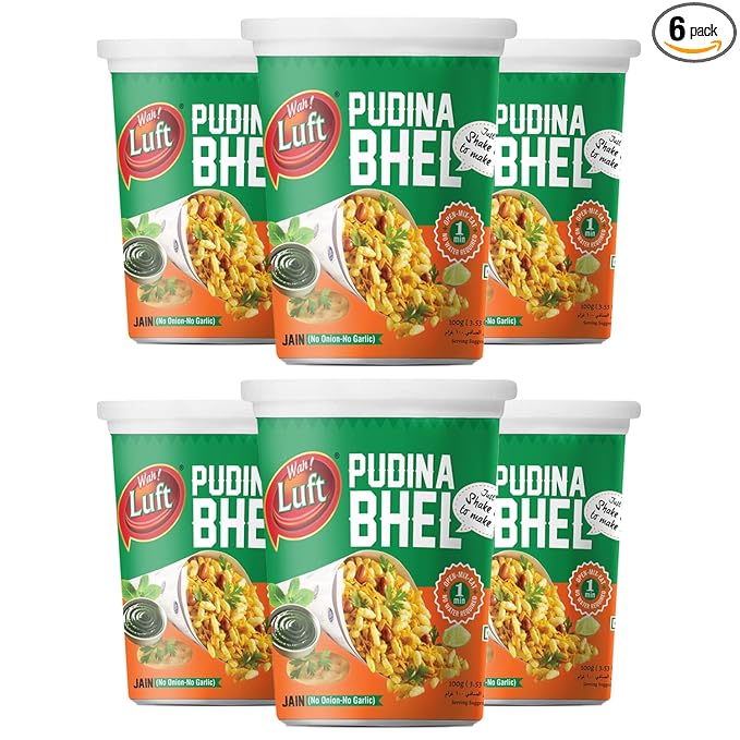 Wah Luft Instant and Delicious Phudina Bhel Puri Cup (Jain), Namkeen, Snacks, Ready to Eat, Chutney Inside, Chaat Special- 100g (Pack of 6)