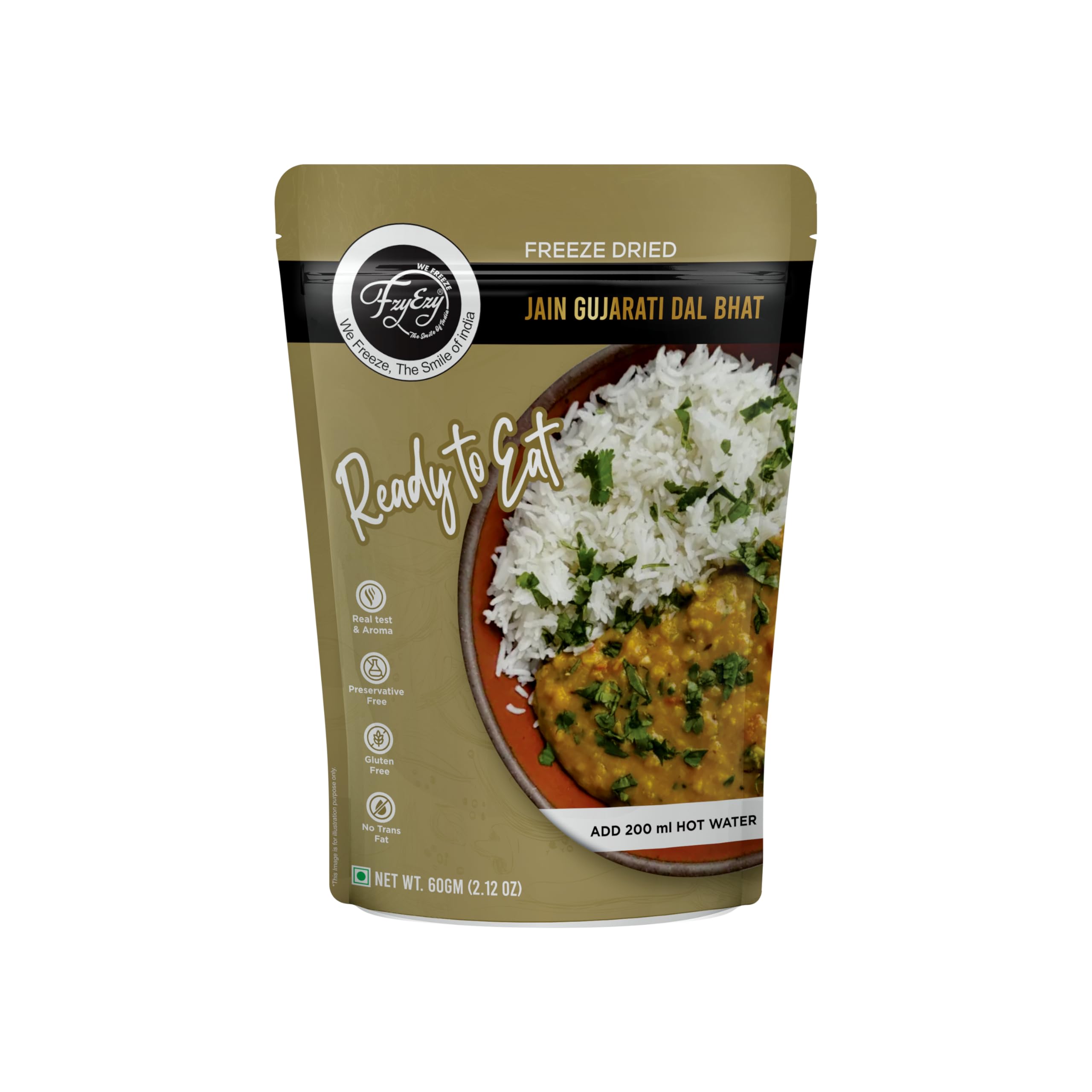 FzyEzy Freeze-Dried Jain Gujarati Dal Bhat | Authentic Jain Gujarati Culinary Experience | Traditional Satvik Ready-to-Eat Indian Meal | Gluten-Free & Preservative-Free | Nourishing, Quick-Prep Comfort Cuisine | 60g Pack