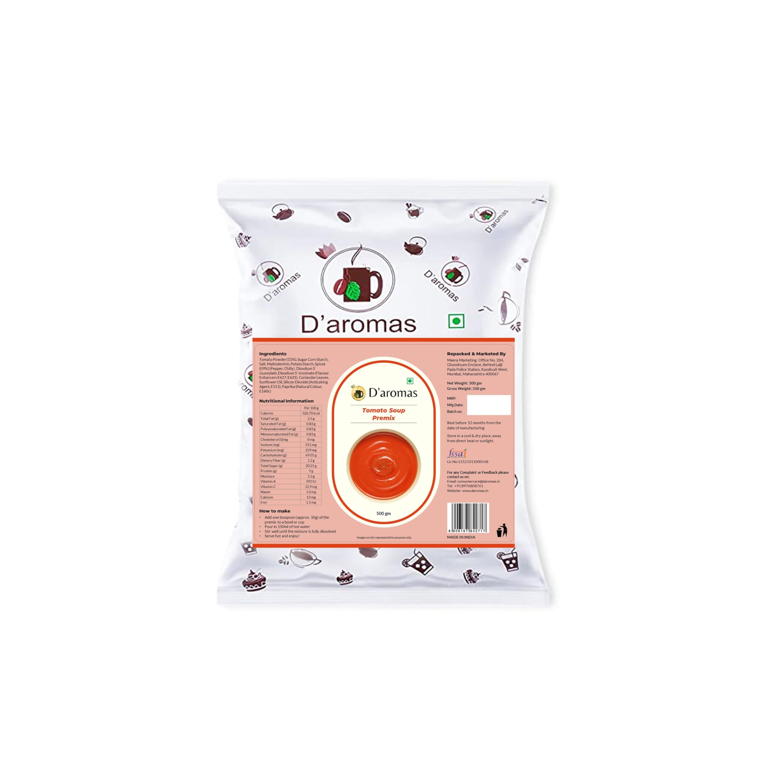 D'aromas Instant Jain Tomato Soup 2.5Kg, Instant Premix Powder With No Onion & No Garlic, Instant Mix Powder, Veg Soup, No Artificial Flavour & Colour (Each 500gm) (Pack Of 5)