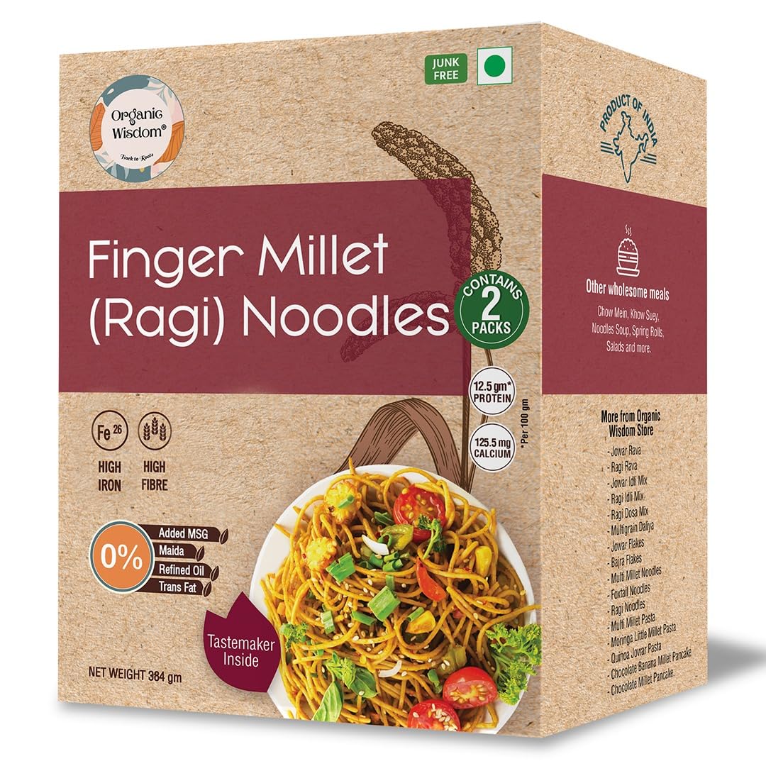 Organic Wisdom Ragi Noodles (Finger Millet) | Healthy Millet Noodles, Pack of 2 – 192g Each | No Maida, Not Fried, Sun Dried | No MSG, No Junk | High Calcium, Iron & Protein | Tastemaker Inside