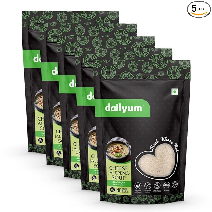 Dailyum Premium Instant Cheese Jalepeno Soup | No Onion No Garlic | Pack of 5 | Ready To Eat Instant Soup |100% Natural | No MSG | Gluten-free | Serves 4 * 5 | 50g Each | Jain