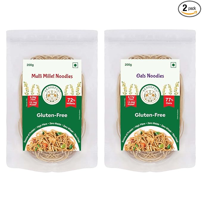 SENSEFUL Multi Millet + Oats Noodles Combo of 2 - Gluten-Free (Zero Maida & Zero Wheat), Source of Protein, High Fibre, Low Fat, Low Sugar & Non-Fried - 200 gm each