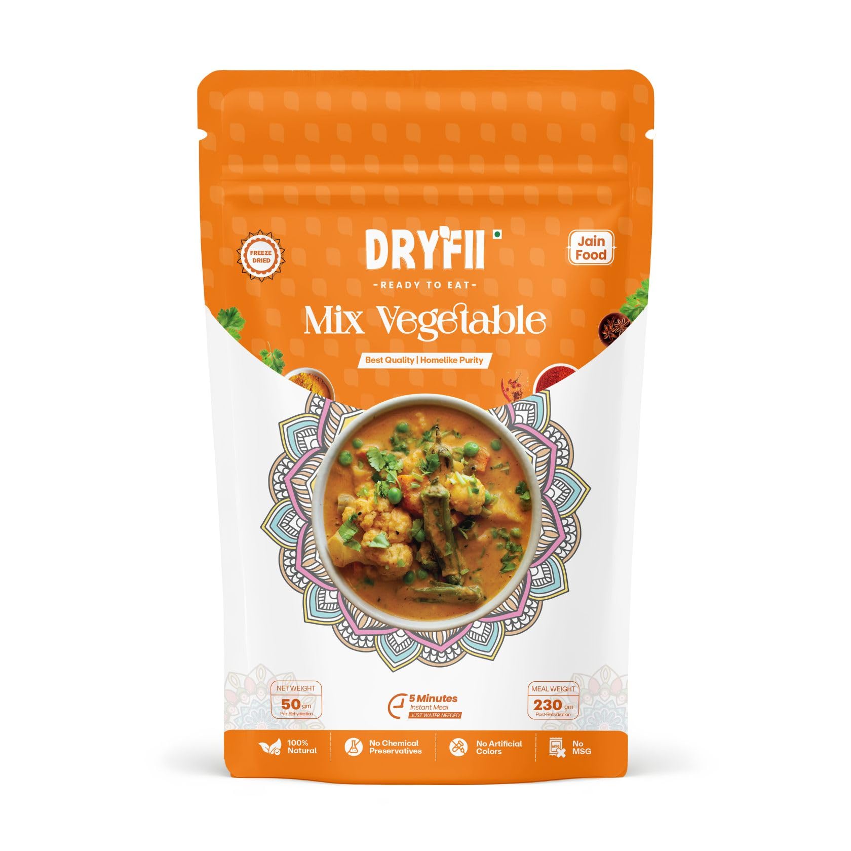 Dryfii Ready-to-Eat Instant Jain Mix Vegetable | Pure Veg | Freeze Dried | No Onion, No Garlic | Rehydrated Weight 230 g