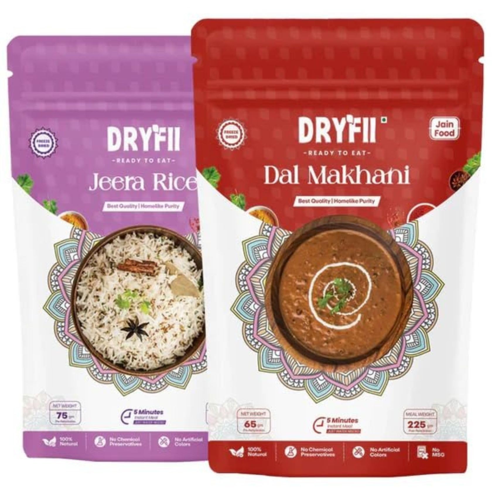 Dryfii Ready-to-Eat Instant | Jain Dal Makhani & Jeera Rice | Pure Veg | Freeze Dried | No Onion, No Garlic | Rehydrated Weight 450 g