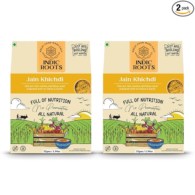 Indic Roots Jain Khichdi | Instant Ready to Eat Full Meal |No Preservatives, All Natural, Packed Food with no Onion Garlic |Gluten Free MRE Food - 55 gm (Pack of 2)
