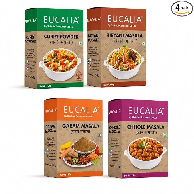 EUCALIA SATTVIK (No Onion No Garlic) Masala Range | Curry Powder (Sabji Masala), Biryani Masala, Garam Masala & Chhole Masala Combo (50g Each)| No Preservatives, No Added Colours, No Artificial Flavours