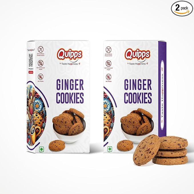 Quipps Premium Ginger Cookies | Pack of 2 (200g Each) | Healthy Biscuits with Real Ginger, Jaggery & White Butter | No Maida, No White Sugar, No Preservativess | All Natural Ingredients & Crunchy Biscuits | Freshly Baked Snacks for Tea, Breakfast & Gifting