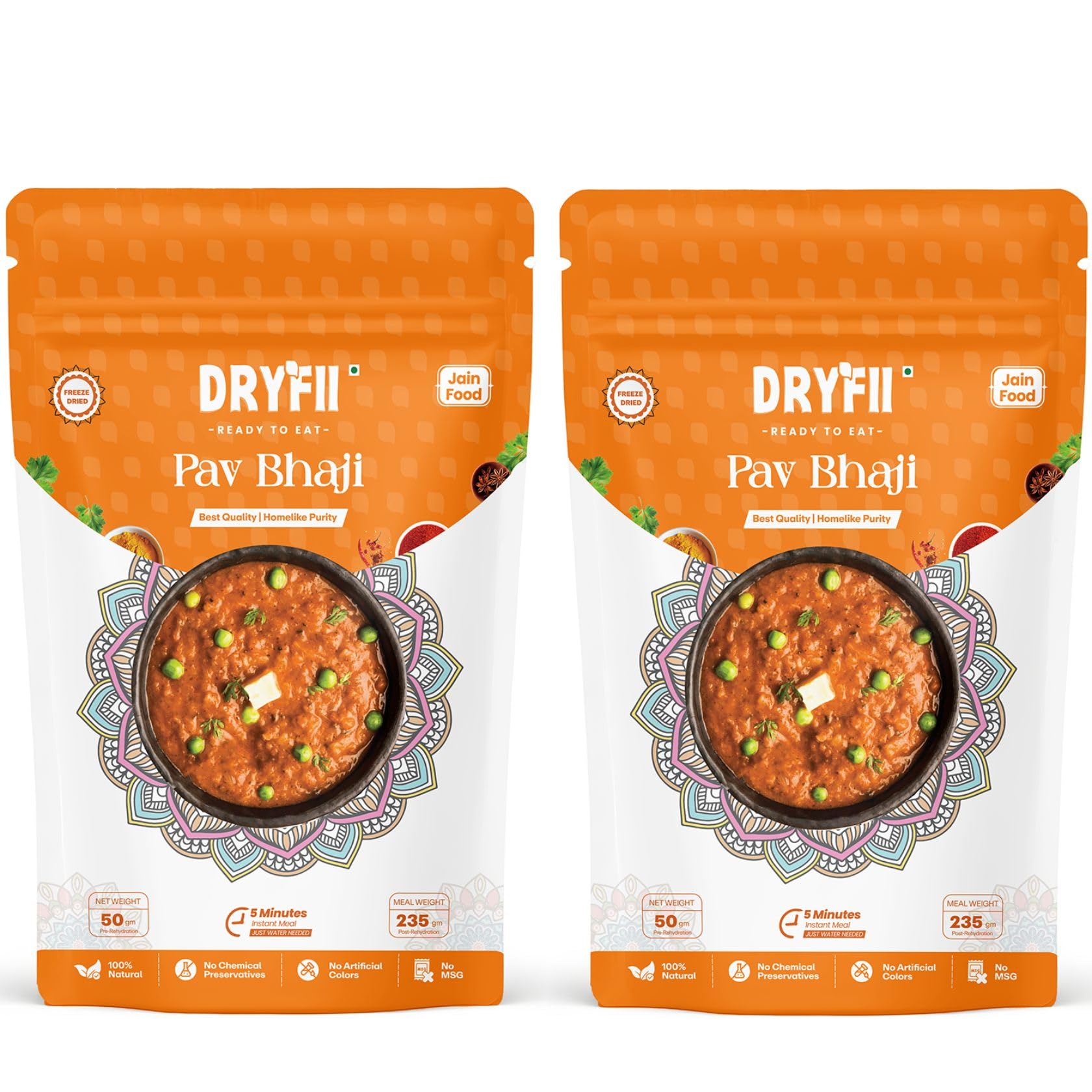Dryfii Ready-to-Eat Instant Jain Pav Bhaji | Pure Veg | Freeze Dried | No Onion, No Garlic | Breakfast Meal | Rehydrated Weight 470 g