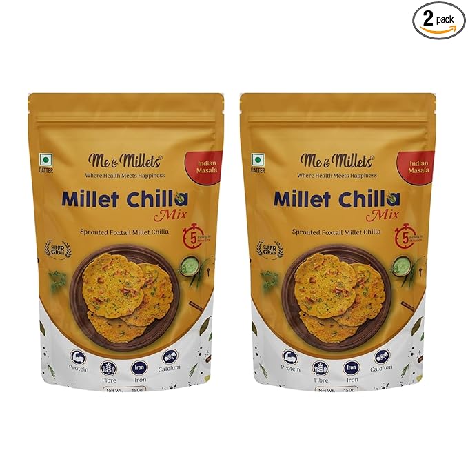 ME & MILLETS Sprouted Foxtail Millet Chilla Mix Combo (150gX2) - Indian Masala, No Preservatives, No Palm Oil, Natural Healthy Protein & Fiber-Rich Breakfast For Kids & Family (Jain Friendly)