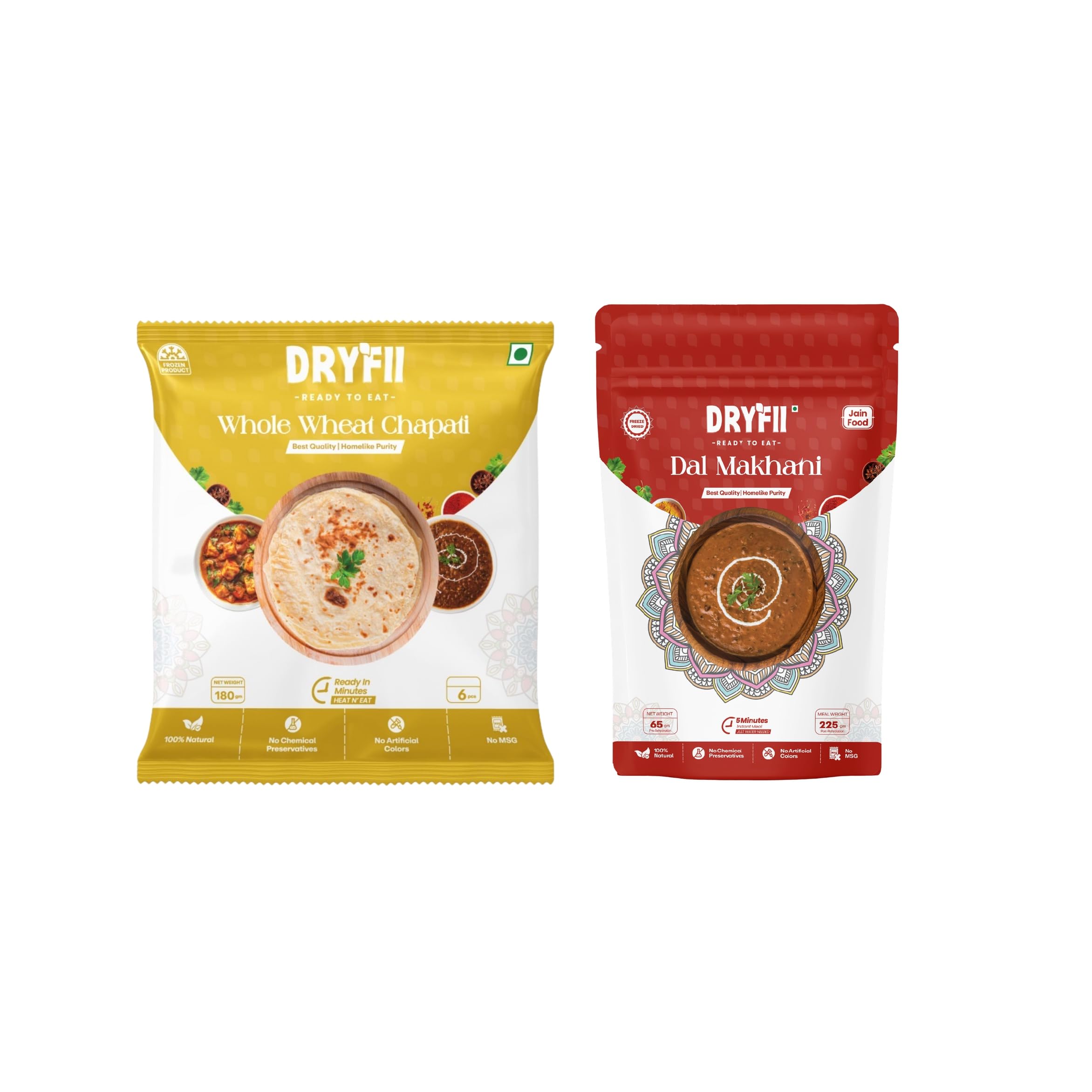 Dryfii Ready-to-Eat Chapati with Jain Dal Makhani | 6 Chapati in 1 Pack | Satvik Protein Rich Combo Meal | No Onion No Garlic Healthy Food