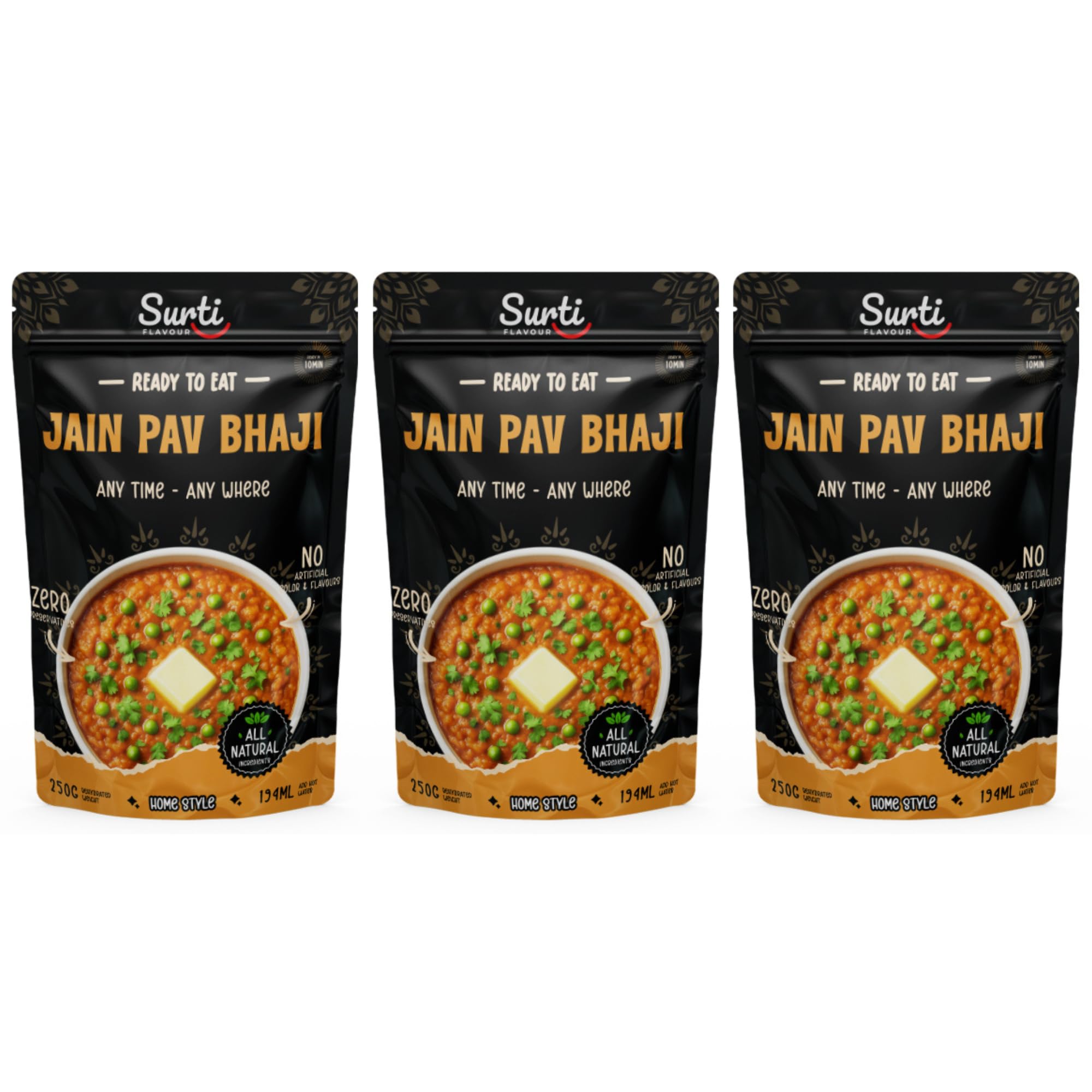 Surtiflavour Authentic jain Pav Bhaji 250 gram Indian Culinary Delight Instant Ready-to-Eat Jain Dish | Gluten-Free | Preservative-Free | Just Add Hot Water | Rich Taste & Aroma (Pack of 3)