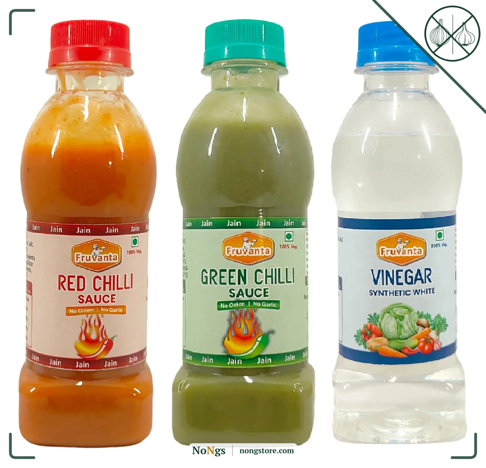 Fruvanta Jain Sauce Without Onion/garlic/Potato, Green Chilli Sauce (200gm), Red Chilli Sauce (200gm) and vinegar (200gm) (Pack of 3)