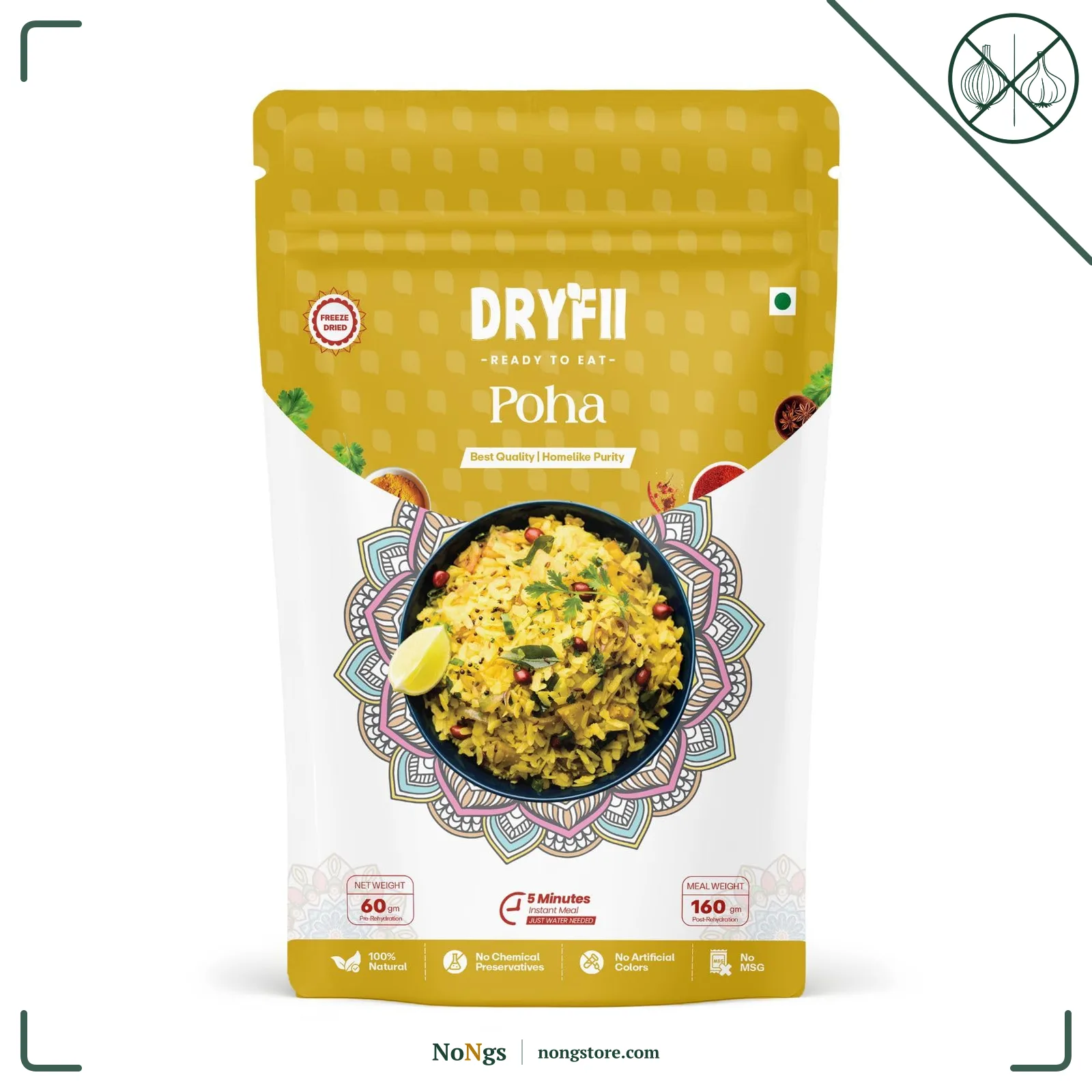 Dryfii Ready-to-Eat Instant Jain Poha | Pure Veg | Freeze Dried | No Onion, No Garlic | Rehydrated Weight 160 g