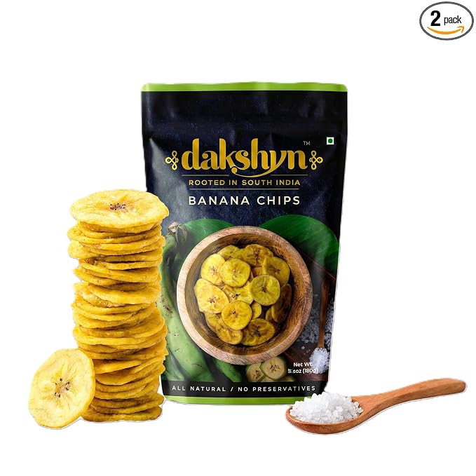 Dakshyn Nendran Yellow Banana Classic Satled Wafer Chips (200g x Pack of 2) | Jain Snacks No Onion No Garlic | Oil Free Snacks | Healthy, Gluten Free, Vegan, Plant Based | Kerela Banana Salted Chips