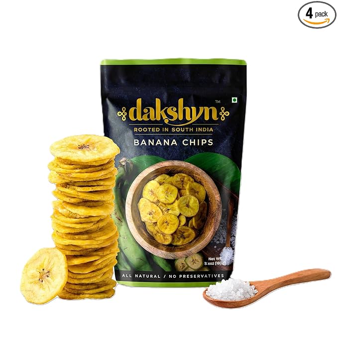 Dakshyn Nendran Yellow Banana Classic Satled Wafer Chips (200g x Pack of 4) | Jain Snacks No Onion No Garlic | Oil Free Snacks | Healthy, Gluten Free, Vegan, Plant Based | Kerela Banana Salted Chips