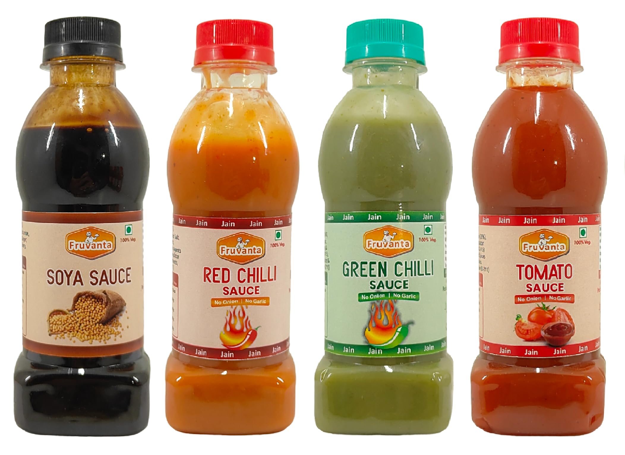 Fruvanta Jain Combo Without Onion/garlic/Potato Soya Sauce (200gm), Tomato Sauce (200gm), Green Chilli Sauce (200gm), Red Chilli Sauce (200gm) (Pack of 4)