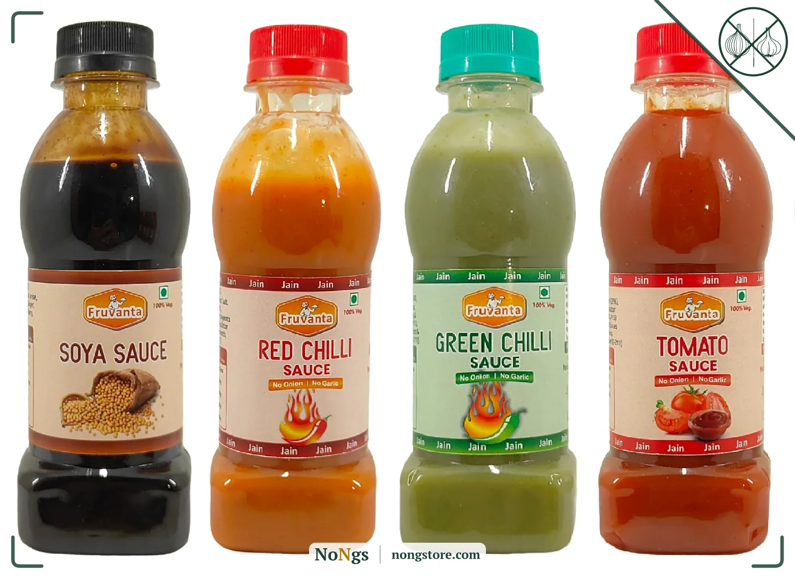 Fruvanta Jain Combo Without Onion/garlic/Potato Soya Sauce (200gm), Tomato Sauce (200gm), Green Chilli Sauce (200gm), Red Chilli Sauce (200gm) (Pack of 4)