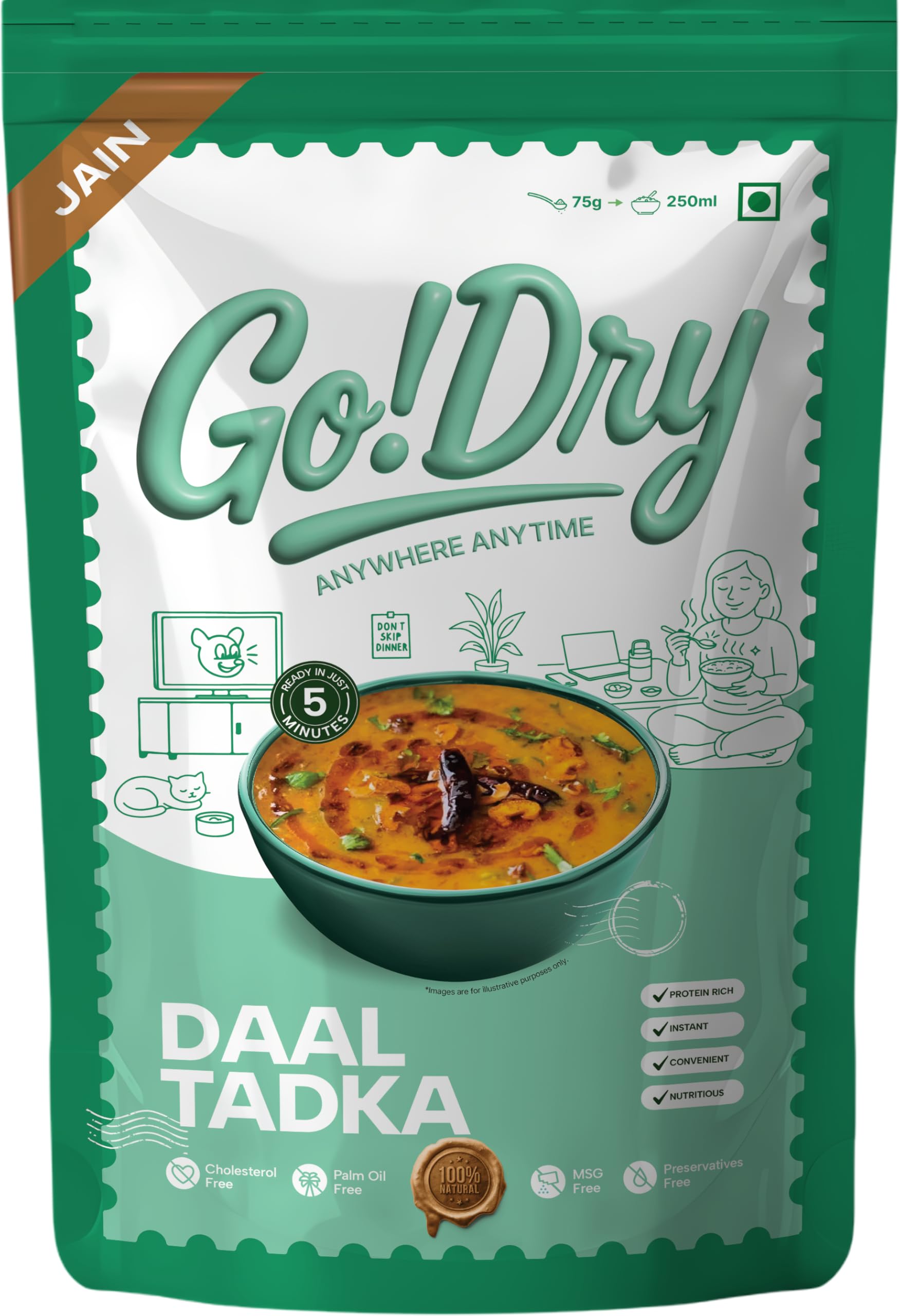 Go!Dry Jain Dal Tadka | Ready to Eat Indian Meal | No Onion No Garlic | No Preservatives & No Palm Oil | 75g