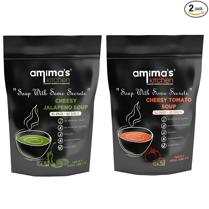 Amima's Kitchen Combo Of Cheesy Jalapeno + Cheesy Tomato Jain Soup (No Onion No Garlic) - 100 Grams (Pack of 2) | Instant Soup Mix Powder | Ready To Cook | No Artificial Flavour & Colour | Gluten Free | Non GMO | Healthy Soup