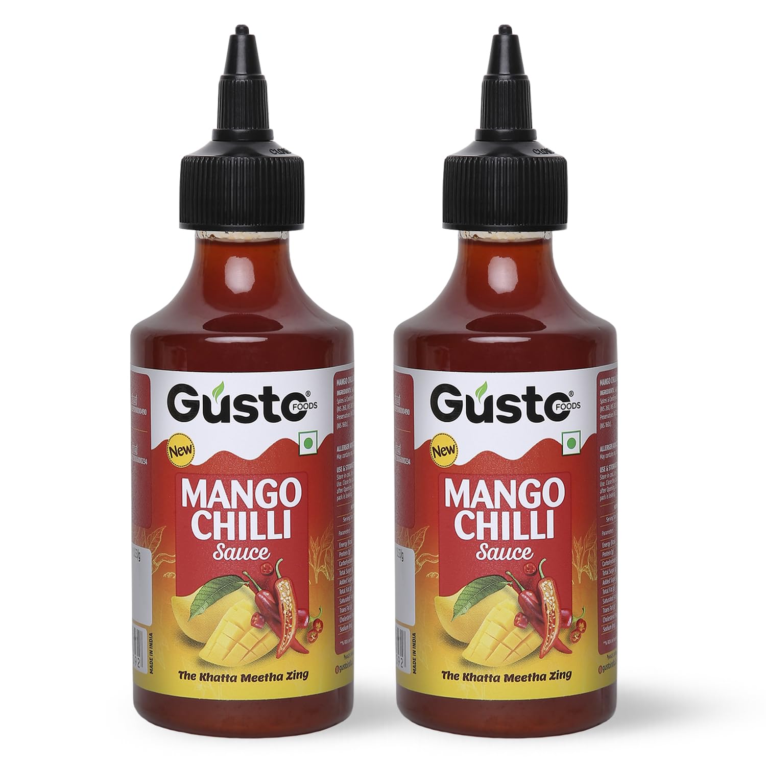 Gusto Foods Mango Chilli Sauce 480gm (Pack of 2) | Sweet and Sour Mango Sauce | Aam Chutney | Khatta Meetha Pickled | Blend of Ripe Mangoes & Red Chillies | Salad Dressing, Dipping Sauce & Seasoning