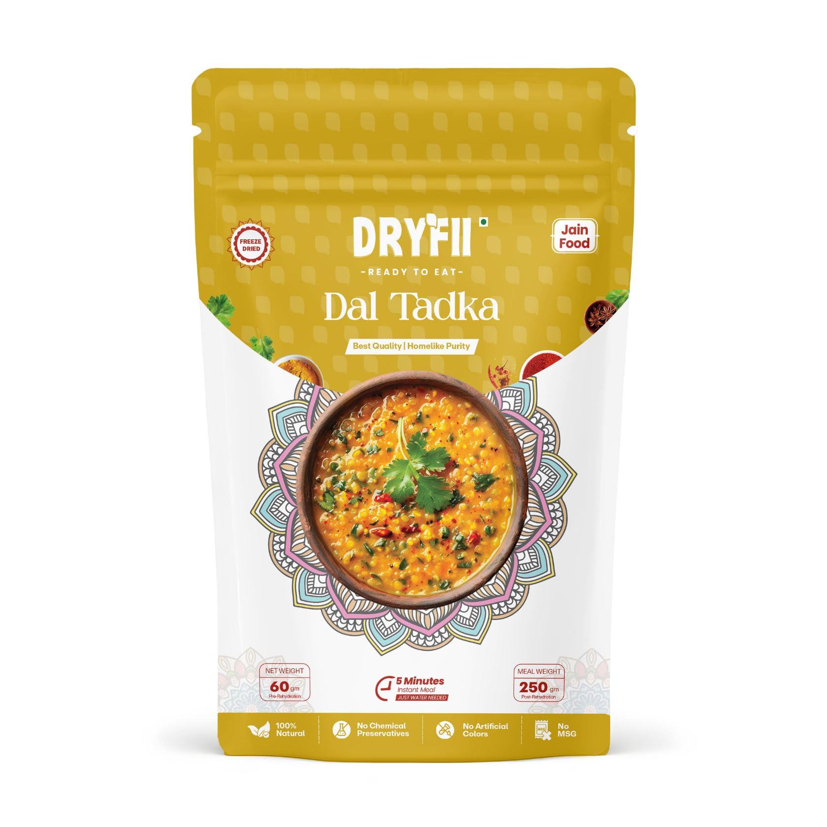 Dryfii Jain Dal Tadka | Ready-to-Eat-Food | No Onion No Garlic | Freeze Dried | Dehydrated Weight 60 g | Rehydrated Weight 250 g