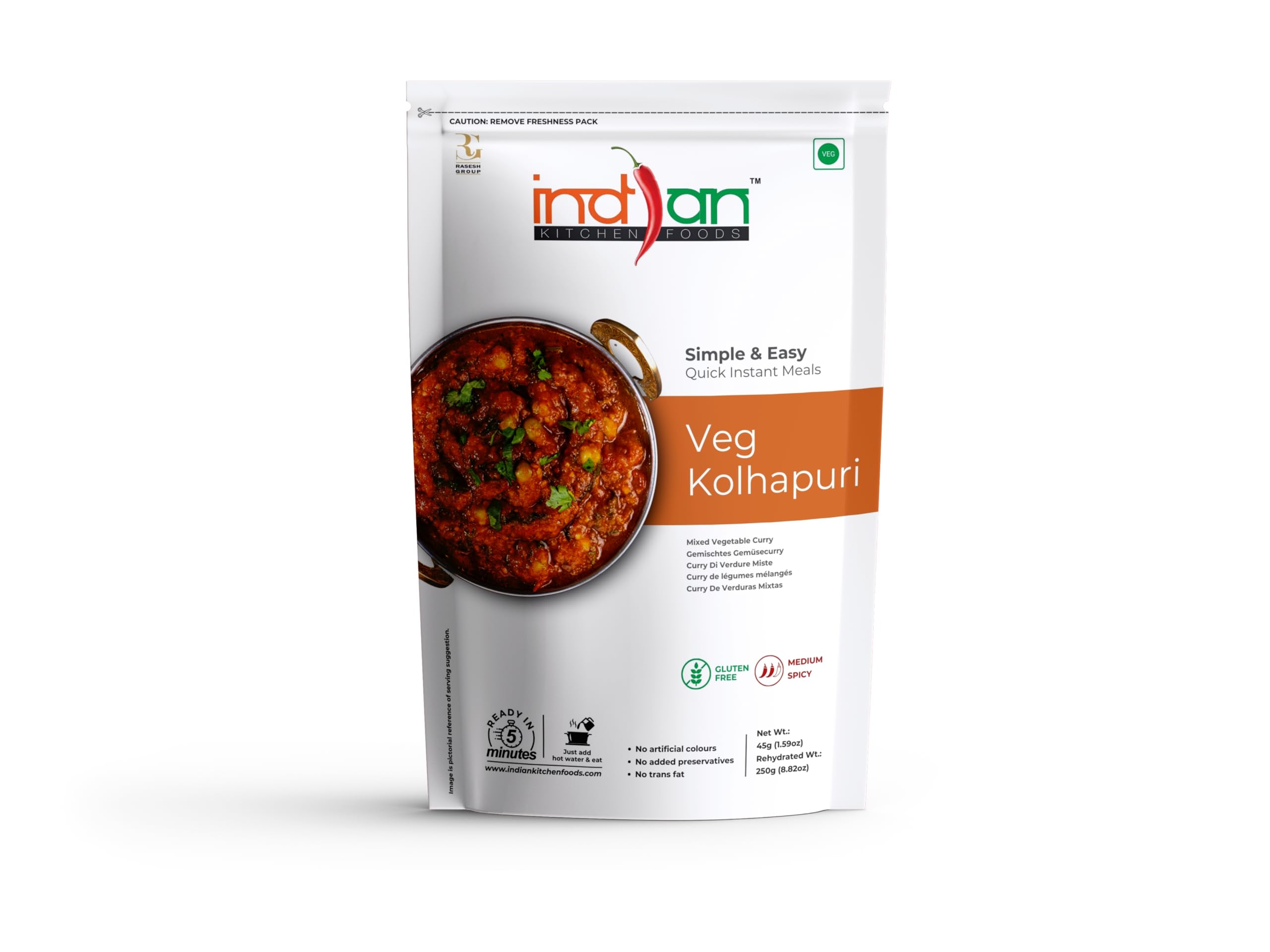 Indian Kitchen Foods Jain Veg. Kolhapuri |Freeze Dried Gluten-Free Ready to Eat Instant Vegetarian Meal - Rehydrated Wt. 260 gm