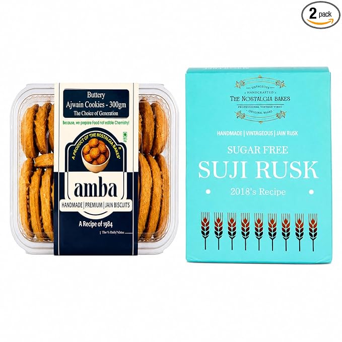 Amba Sugar Free Suji Rusk & Buttery Ajwain Cookies Combo Pack | Handmade Premium Jain Biscuits & Rusk | Crispy Tea Time Snacks | Traditional Bakery Taste | No Palm Oil | Perfect with Tea & Coffee