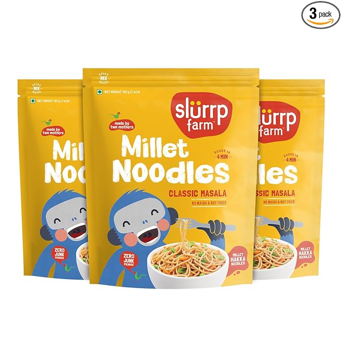 Slurrp Farm No Maida Millet Noodles | Not Fried, No MSG | Classic Masala Millet Noodles Pack of 3-192g Each
