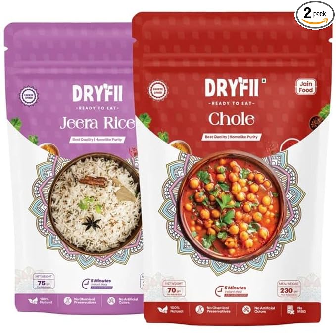 Dryfii Ready-to-Eat Instant | Jain Chole & Jeera Rice | Pure Veg | Freeze Dried | No Onion, No Garlic | Rehydrated Weight 455 g