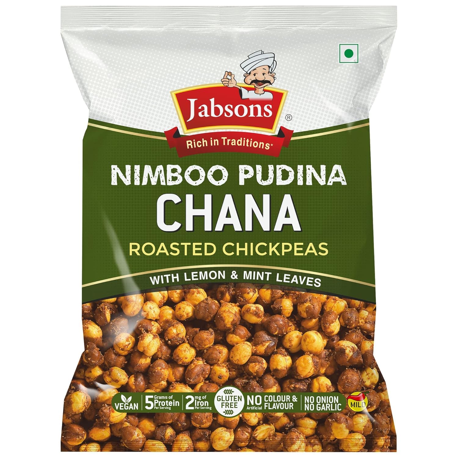 Jabsons Roasted Chana Nimboo Pudina Flavour - 150gm With No Onion & Garlic | Desi Roasted Namkeen Snacks| Gluten-Free Crunchy Protein Snack | Nimbu Pudina Bhuna Chana - Ready to Eat