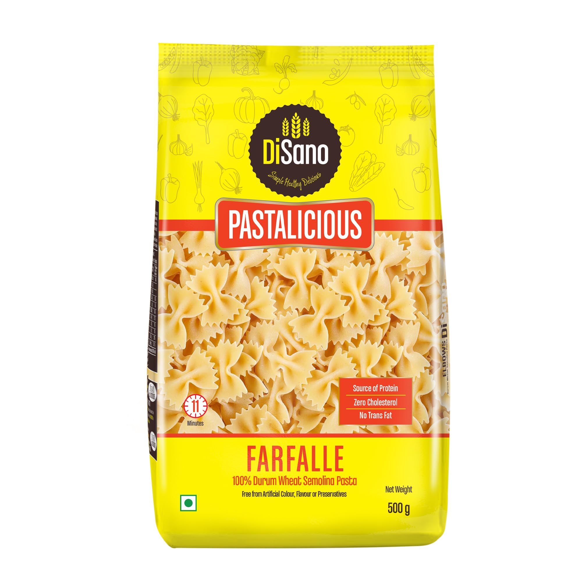 DiSano Farfalle Pasta 500g, Healthy Pasta, Made with 100% Durum Wheat Semolina, 100% Suji, No Maida, Source of Protein & Fibre, Non-Sticky