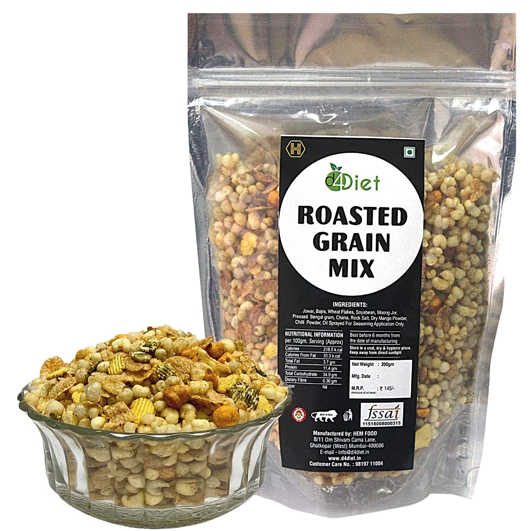 D4Diet Roasted 7- Grain Mix, 200g – Roasted Wheat Flakes, Moong Jor, Soya Bean, Jowar, Bajra, Chana, Pressed Bengal Gram/Healthy Namkeen/Roasted Namkeen