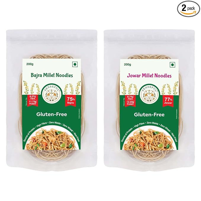 SENSEFUL Bajra + Jowar Millet Noodles Combo of 2 - Gluten-Free (Zero Maida & Zero Wheat), Source of Protein, High Fibre, Low Fat, Low Sugar & Non-Fried - 200 gm each