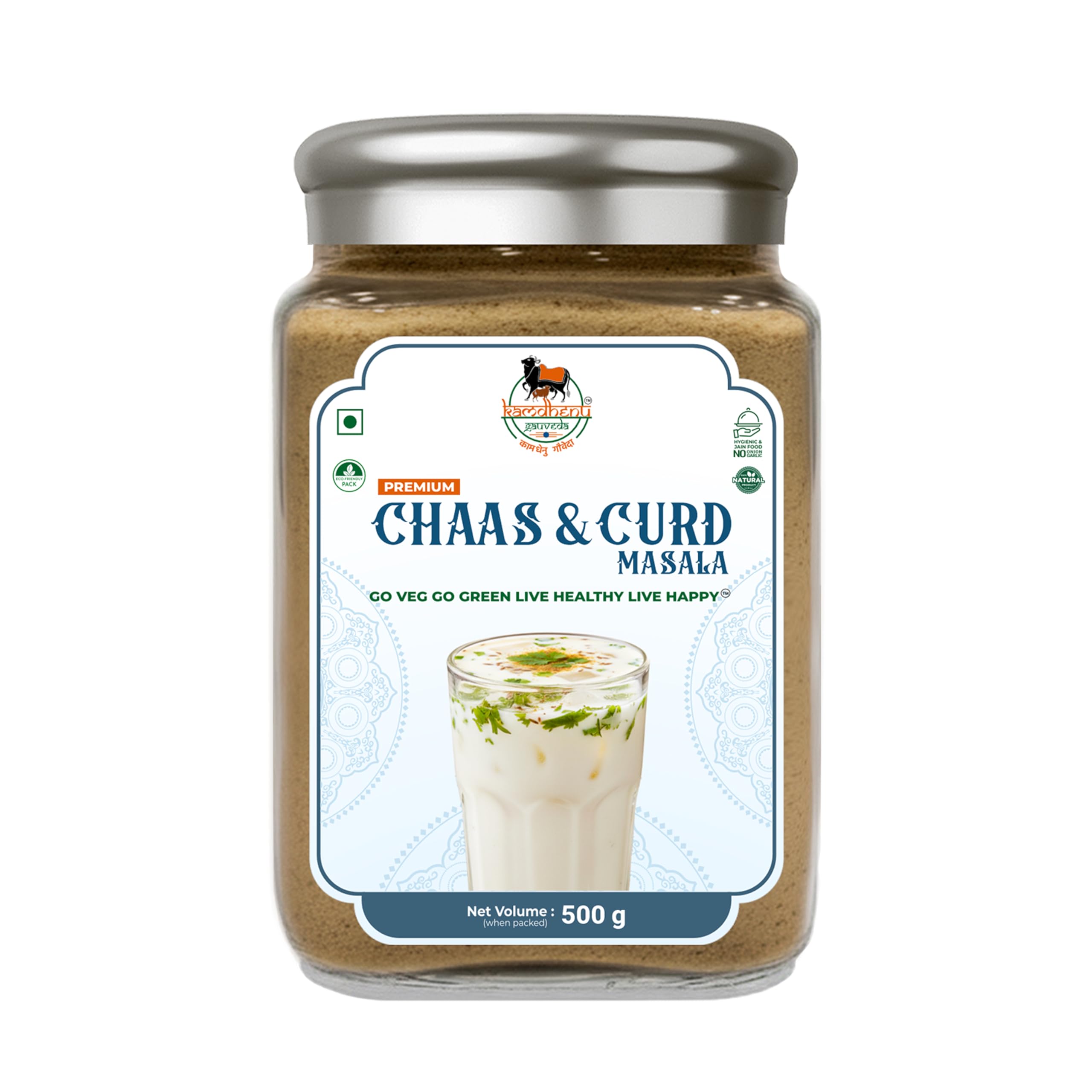 Kamdhenu Gauveda Panjabi Chaas Masala| Gujarati Chaas Masala | Blend With Natural Ingredients Cumin, Coriander, Pudina, Salt, Jeera | No Preservatives | No Onion No Garlic | Pack In Premium Organic Glass Jar With Steel Cap (500g, Chaas & Curd Masala)